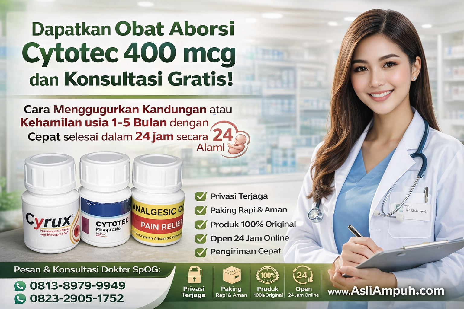 Dapatkan Obat Aborsi Cytotec 400 mcg dan Konsultasi Gratis tentang Cara Menggugurkan Kandungan atau Kehamilan usia 1-5 Bulan dengan Cepat selesai dalam 24 jam secara Alami