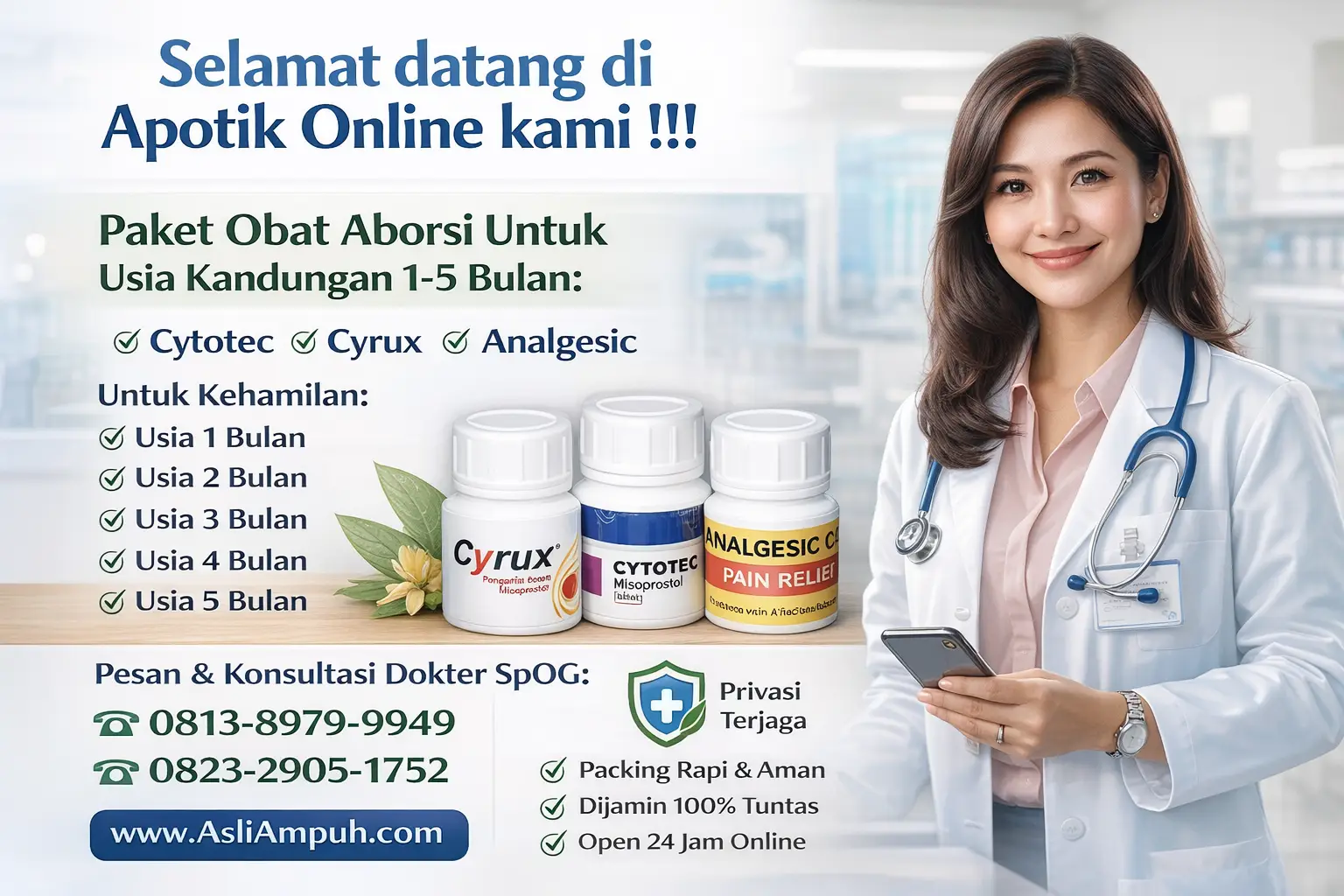 Jual Obat Aborsi Cytotec 400 mcg Asli - Cara Menggugurkan Kandungan untuk Usia Janin 1 Bulan, 2 Bulan, 3 Bulan, 4 Bulan, 5 Bulan dengan Cepat selesai dalam hitungan jam Secar